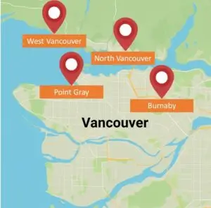Map of West Vancouver, North Vancouver, Point Grey, and Burnaby with location pins
