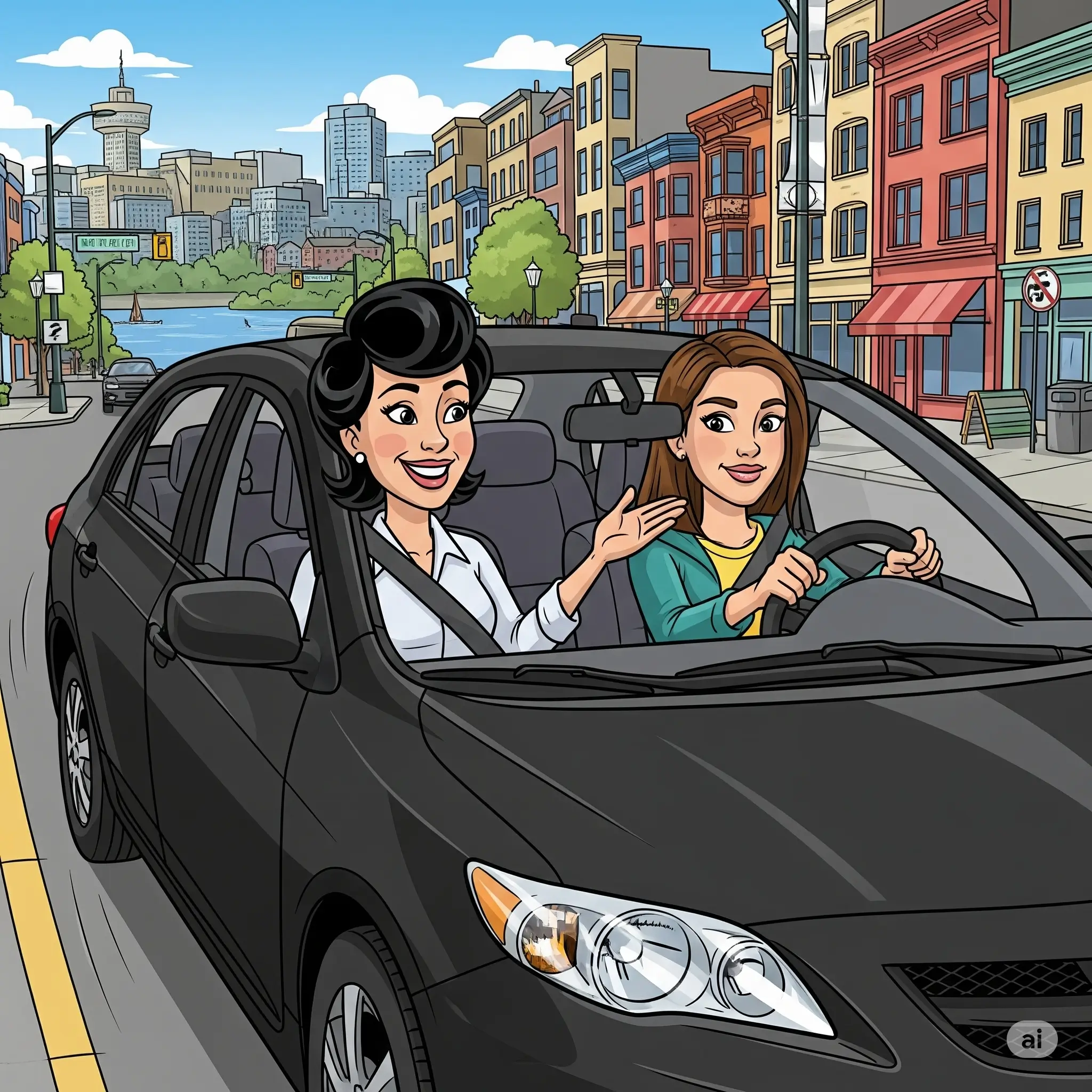 Cartoon image of a black Toyota Corolla with a teenage girl driving and a female instructor guiding her, on a street resembling West Vancouver with houses and mountains in the background.