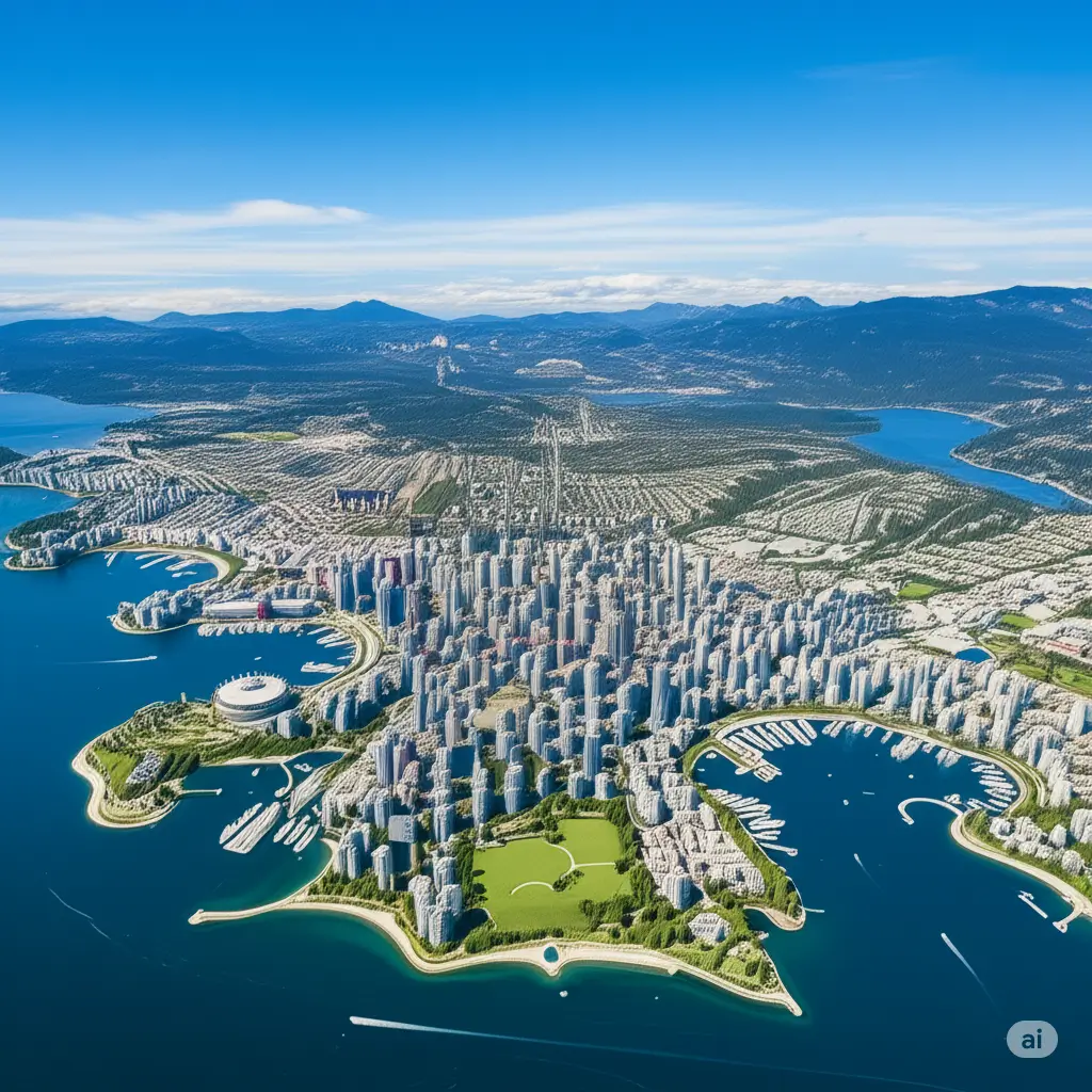 An aerial view of Vancouver, British Columbia, on a sunny day, showing the downtown peninsula surrounded by water, with mountains in the background.